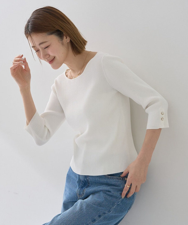 YECCA VECCA 袖釦7分袖リブニット Off White