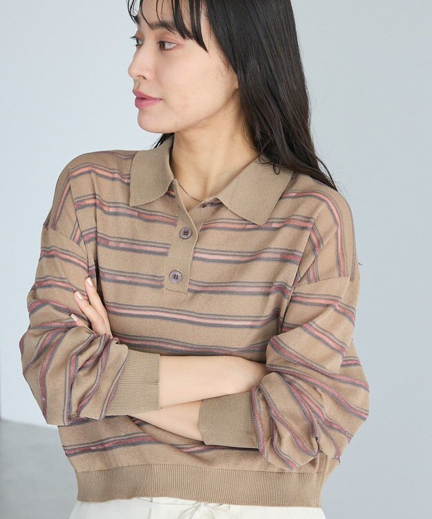 CRAFT STANDARD BOUTIQUE シアーボーダーポロ衿ニットプルオーバー Beige