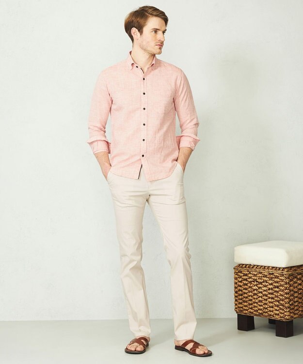 JOSEPH ABBOUD 【キングサイズ・カラー豊富/サステイナブル】リヨセルリネンサッカーシャツ オレンジ系