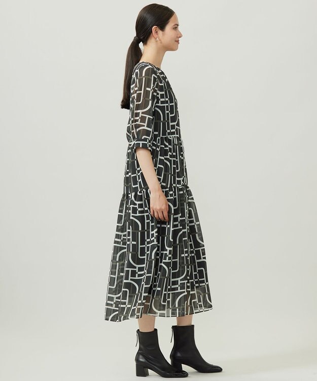自由区 S ジオメトリックレトロプリント ワンピース グレーベース