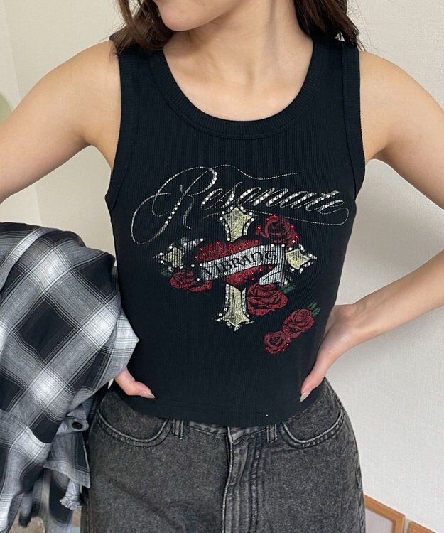 WEGO ラインストーンハートグラフィックタンク ブラック