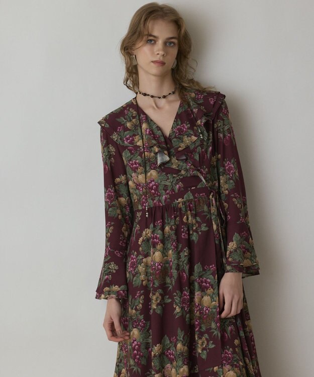 GRACE CONTINENTAL ボタニカルベリープリントワンピース ボルドー