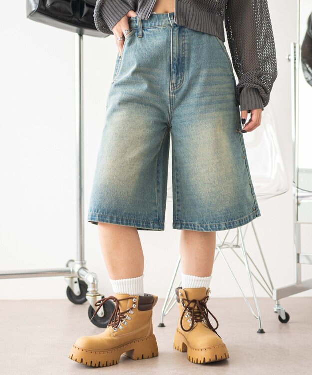 WEGO ロゴスタッズハーフパンツ デニム中濃加工色