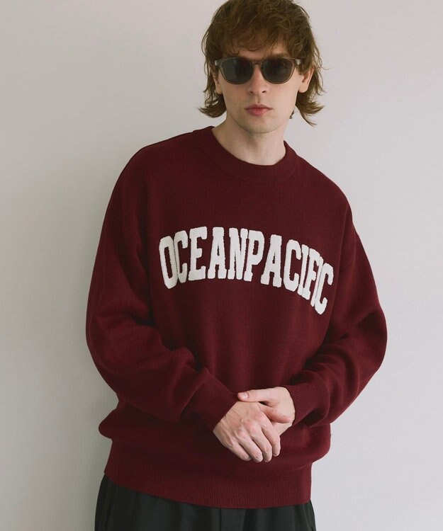 OP／FILA 【ocean pacific】サガラ刺しゅうロゴクルーニット/メンズ ワインレッド