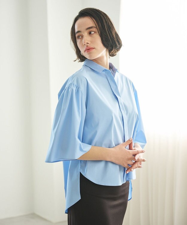 #Newans 【洗濯機可能/シワになりにくい】〈お尻・太ももをカバー〉フレアスリーブイタリアンカラーシャツ ブラック