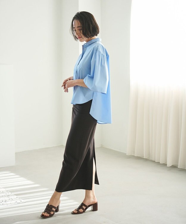 #Newans 【洗濯機可能/シワになりにくい】〈お尻・太ももをカバー〉フレアスリーブイタリアンカラーシャツ ブルー