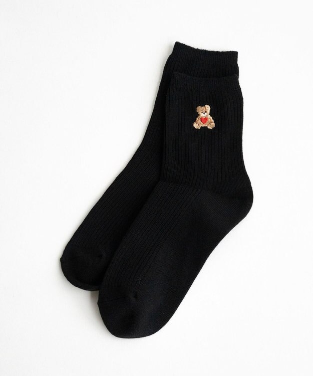 WEGO ハートクマ刺繍ソックス ブラック