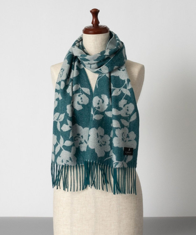 AURORA LANVIN COLLECTION ランバン コレクション ローズ柄 ジャカードマフラー ターコイズ