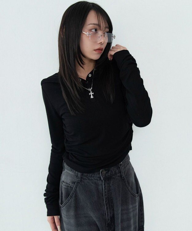 WEGO ヘンリーネックフードロンT ブラック