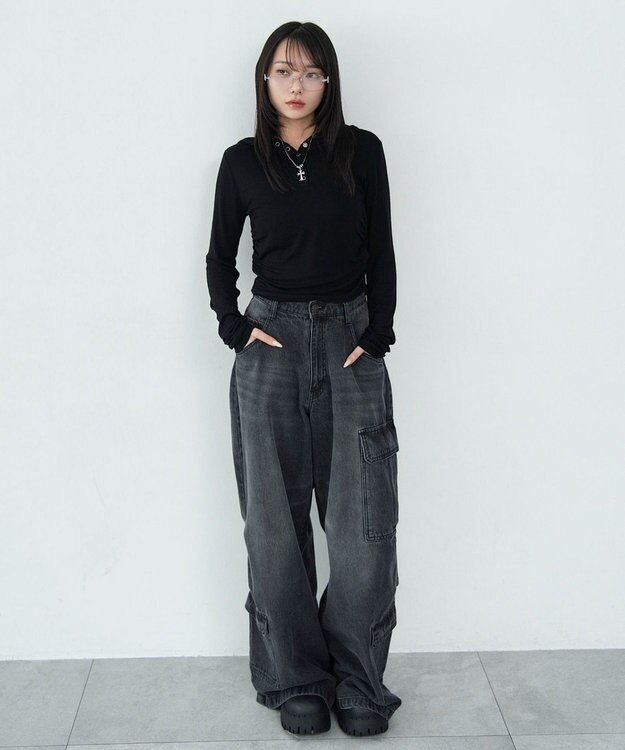 WEGO ヘンリーネックフードロンT ブラック