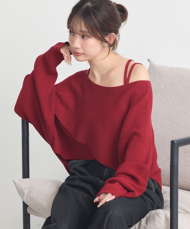 earth music&ecology 【2WAY】【洗濯機洗い可】SET2点クロスニット＋キャミソール Bordeaux