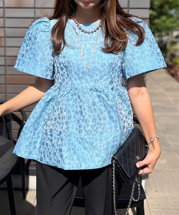 Green Parks パフスリーブジャガードペプラムブラウス Sax