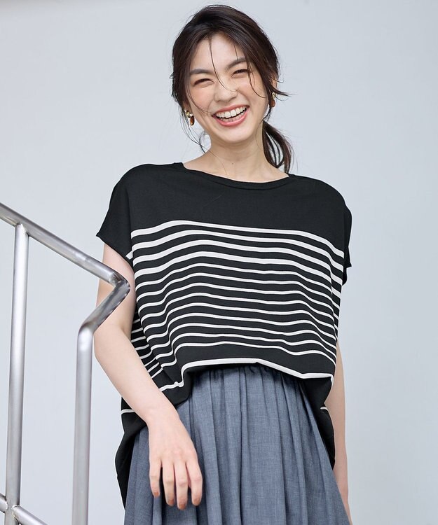 ANY 【洗濯機可/接触冷感/UVカット/アンチピリング】フレンチスリーブニットプルオーバー ブラック×サンドベージュ