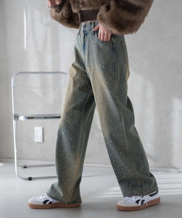 WEGO ラインストーンストレートデニムパンツ デニム淡加工色