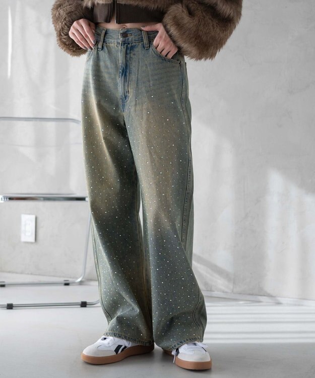 WEGO ラインストーンストレートデニムパンツ デニム淡加工色