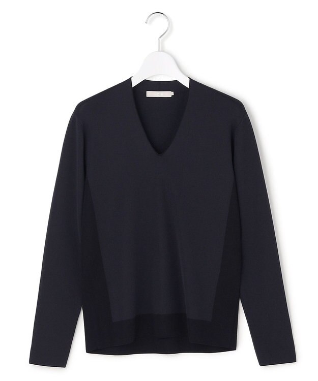 ICB L シンセティックフルニードル Vネックニット ネイビー×ブラック配色