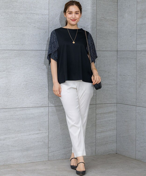 23区 L 【Lサイズ限定/洗える】スカーフプリントコンビ スリーブデザイン カットソー ブラック×ベージュ