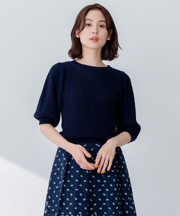 組曲 S 【洗える】CHAIギャザースリーブ ニット ネイビー系