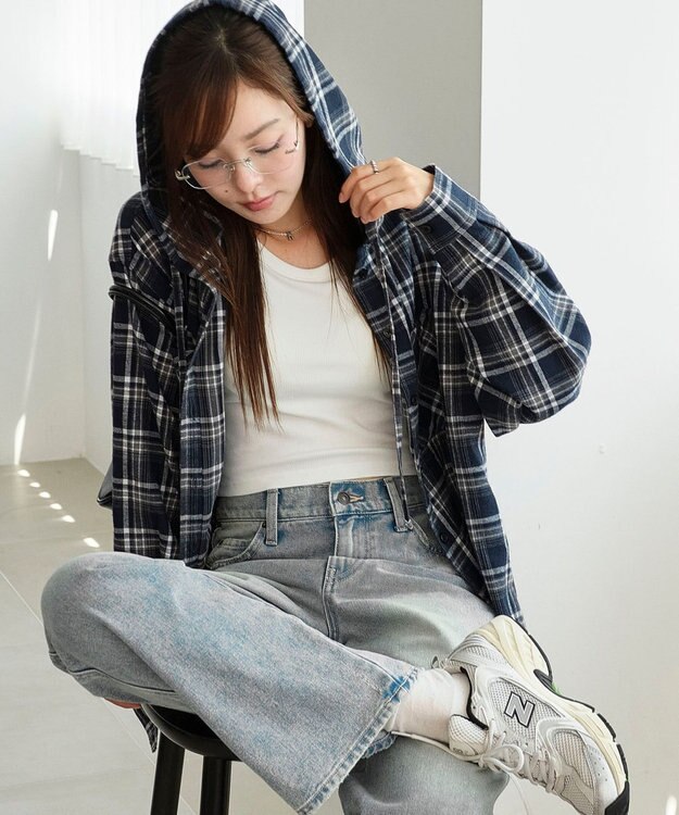 WEGO 【25年秋冬新作】チェックフードBIGネルシャツ ネイビー