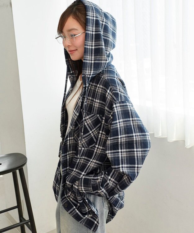 WEGO 【25年秋冬新作】チェックフードBIGネルシャツ ネイビー