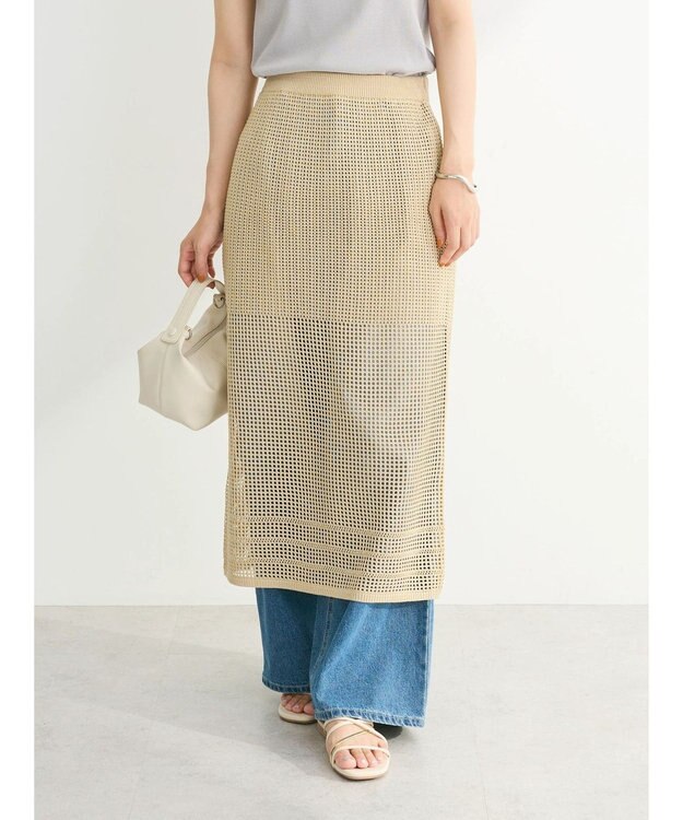 Green Parks ２ｗａｙ　メッシュ編みニットＩラインスカート（ペチ付き） Gold