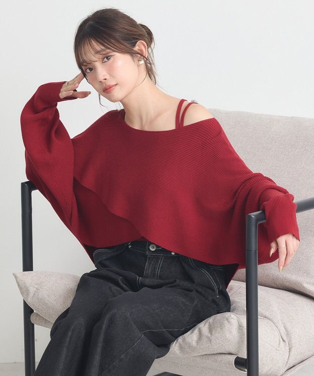 earth music&ecology 【2WAY】【洗濯機洗い可】SET2点クロスニット＋キャミソール Bordeaux