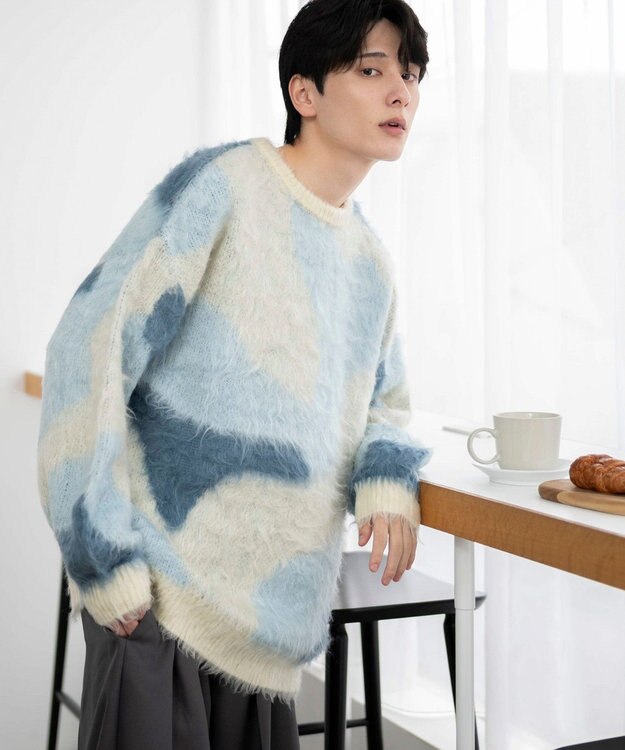 WEGO 【ユニセックス着用ITEM】マーブルシャギーニットプルオーバー サックス