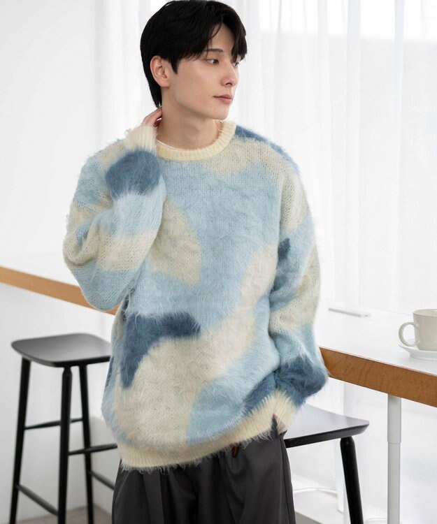 WEGO 【ユニセックス着用ITEM】マーブルシャギーニットプルオーバー サックス