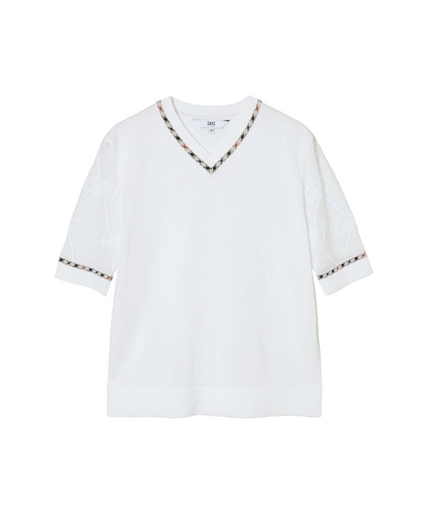 DAKS コットン混ストレッチ ロゴメッシュスリーブ Vネックプルオーバー オフホワイト