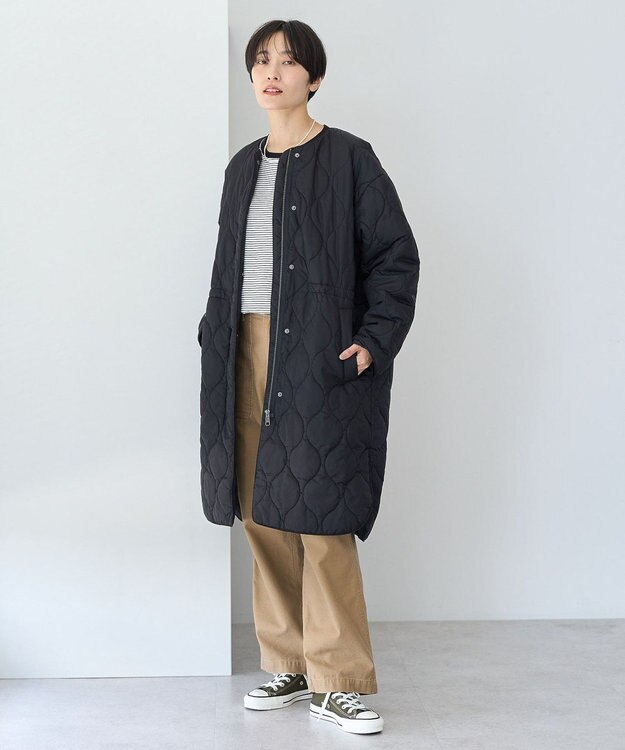 AMERICAN HOLIC 軽ポカノーカラーキルティングロングコート Black