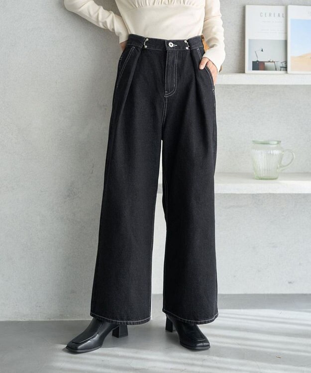 earth music&ecology タックホックデニムパンツ Black