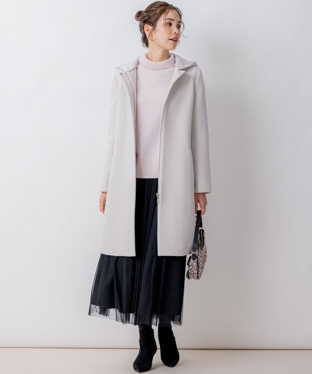 組曲 【2WAY・WEB限定】ショートビーバー フーディーロングコート ライトグレー系