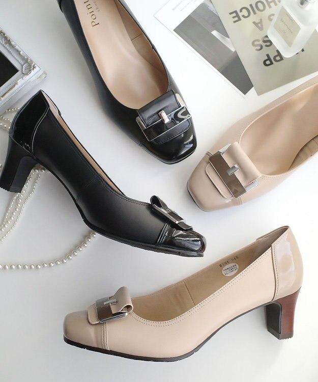 Pointer 日本製 本革スクエアトゥパンプス ベージュ(ヌメ)×ベージュ(EN)