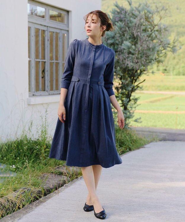 Tiaclasse 【新色追加・洗える】ピーチスキンバンドカラーワンピース ブルー