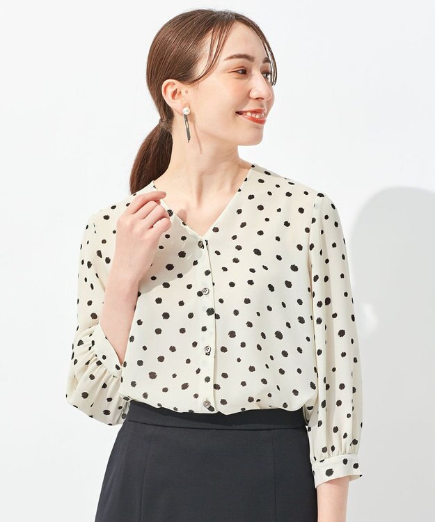 自由区 【セットアップ可】ドットプリント ボウタイブラウス ベージュ系5
