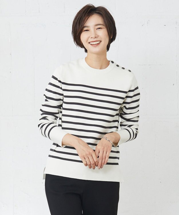 J.PRESS LADIES 【洗える】ミラノリブバスクボーダー ニット アイボリー系1