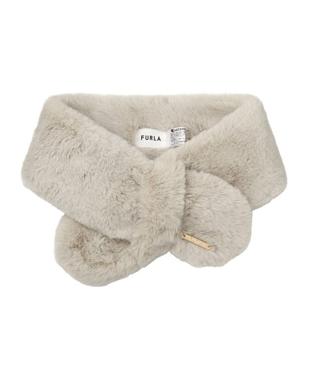 MOONBAT FURLA ファーティペット 差し込み ロゴプレート付 フェイクファーマフラー ベージュ