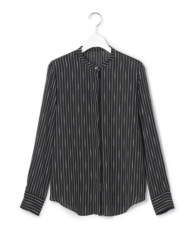 ICB L 【新色追加・WEB限定カラーあり】BackSatinAmunzen バンドカラーブラウス ブラックベース×ストライプチェーン柄