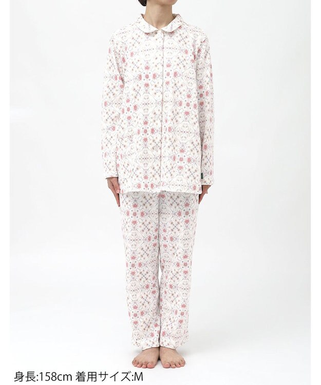 WACOAL ワコール_リラックス＆スリープ パジャマ 長袖 長ズボン 綿混(本体) ダブルジャカード素材 上下セット 前開き S~3L 大きいサイズ ミントン NDW423 /ワコール ホワイト