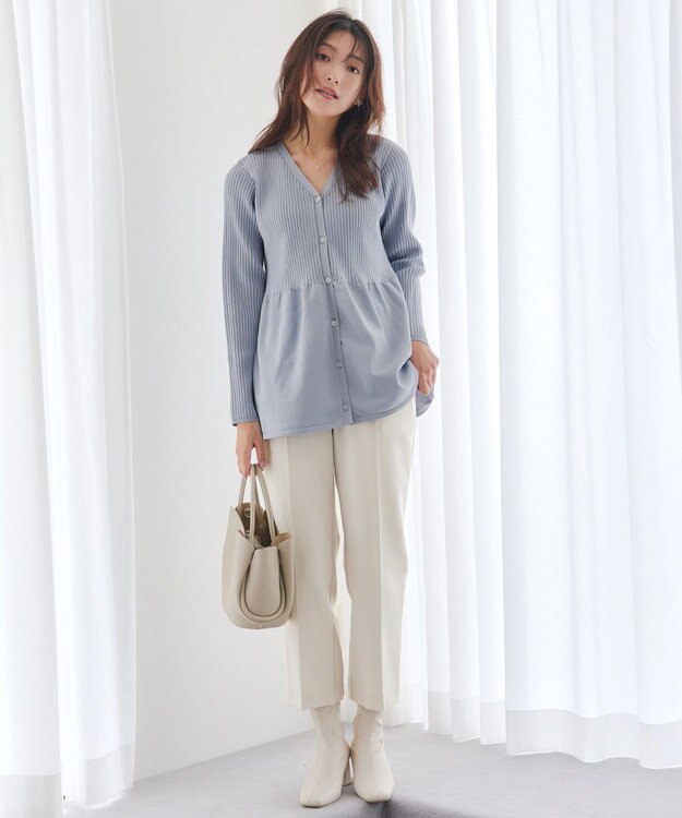 Tiaclasse L 【洗える】リブ切替フレアカーディガン サックスグレー