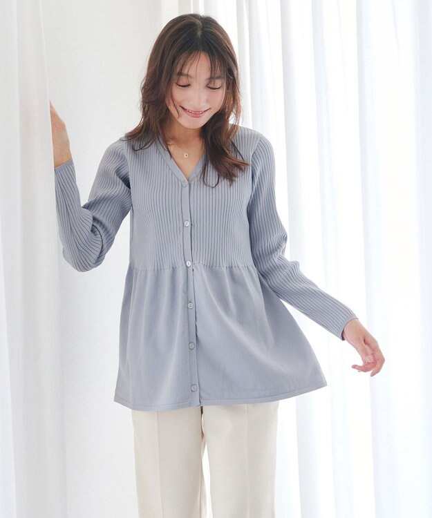 Tiaclasse L 【洗える】リブ切替フレアカーディガン サックスグレー