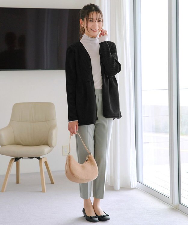 Tiaclasse L 【洗える】リブ切替フレアカーディガン ブラック