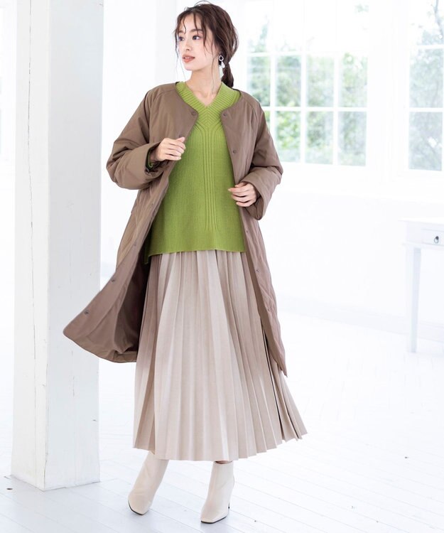 Tiaclasse L 【洗える】Vネック起毛ニットトップス グリーン