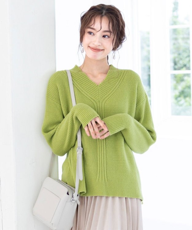 Tiaclasse L 【洗える】Vネック起毛ニットトップス グリーン