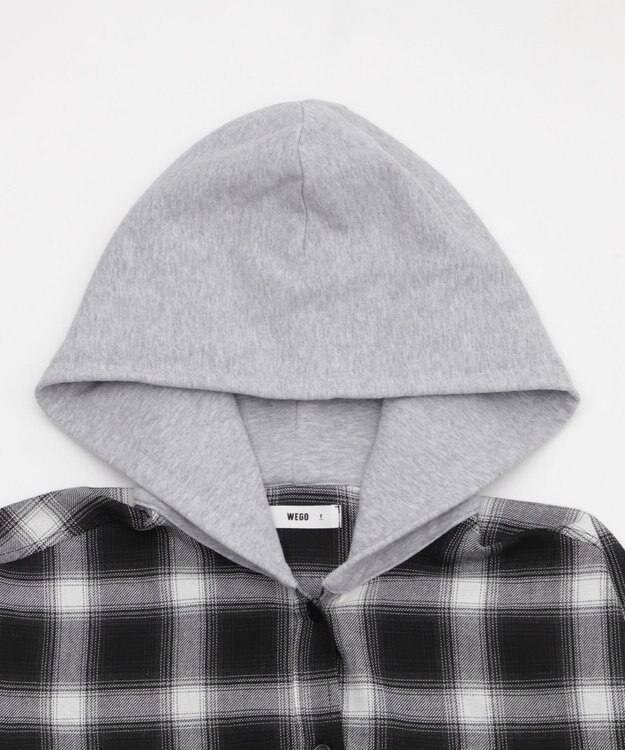 WEGO 裏毛フードチェックシャツ ブラックチェック1