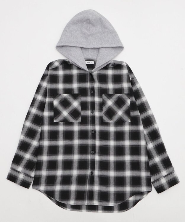 WEGO 裏毛フードチェックシャツ ブラックチェック1