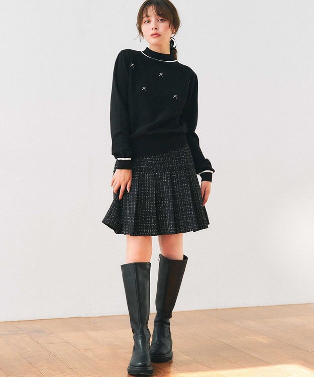 Feroux リボン刺繍ダイア柄 ニット ブラック系