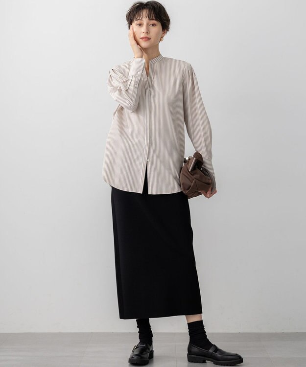23区 L 【滝沢眞規子さん着用/mi-molletコラボ/洗える】CANCLINI デザイン シャツ ブラウンストライプ