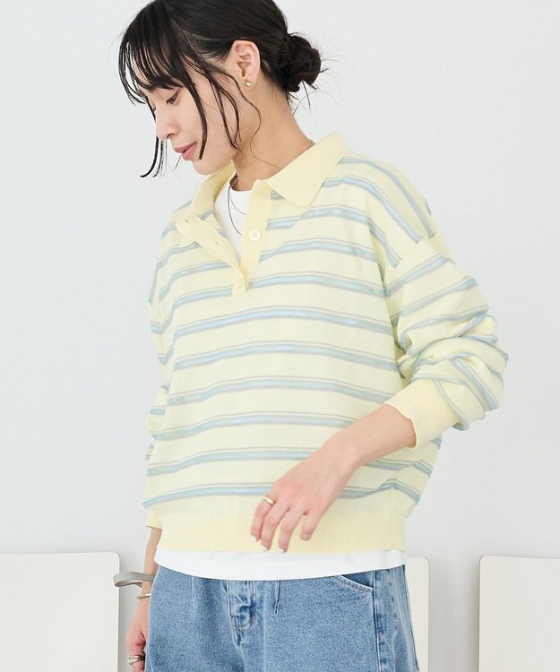 CRAFT STANDARD BOUTIQUE シアーボーダーポロ衿ニットプルオーバー Ivory