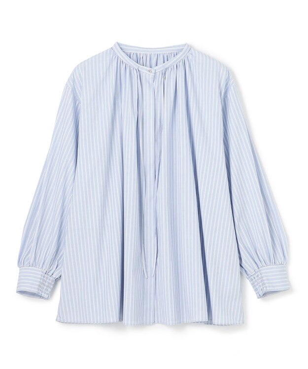 UNFILO ギャザーブラウス スカイブルーストライプ